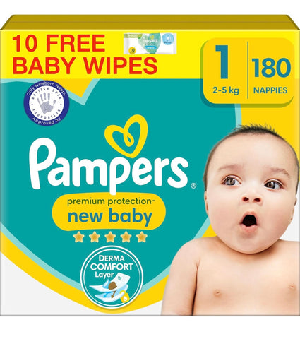 Pampers Premium Protection New Baby Size 1 Monthly Pack + Pampers Harmonie Aqua Baby Wipes